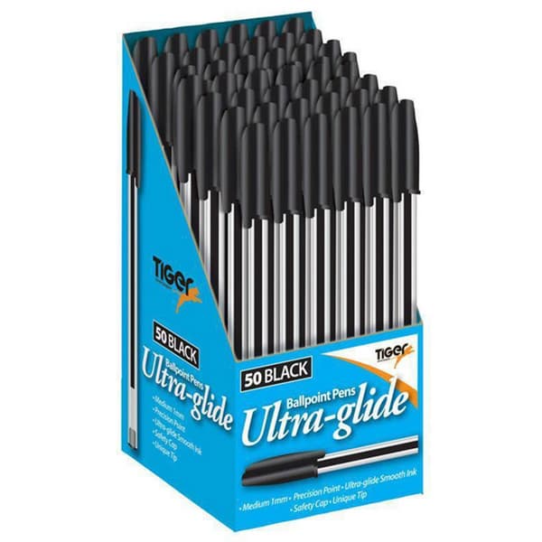 Tiger Stationery Ultra Glide Ballpoint Ink Pens Black Box of 50