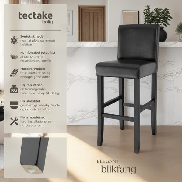 Barstol med ryglæn - sort,Sæt med 4 stk.
