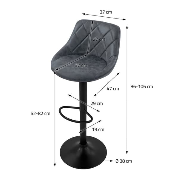 Barstol sæt med 2 stk. antracit kunstlæderpolstring med ryglæn og fodstøtte højdejusterbar 62-82 cm ML-Design