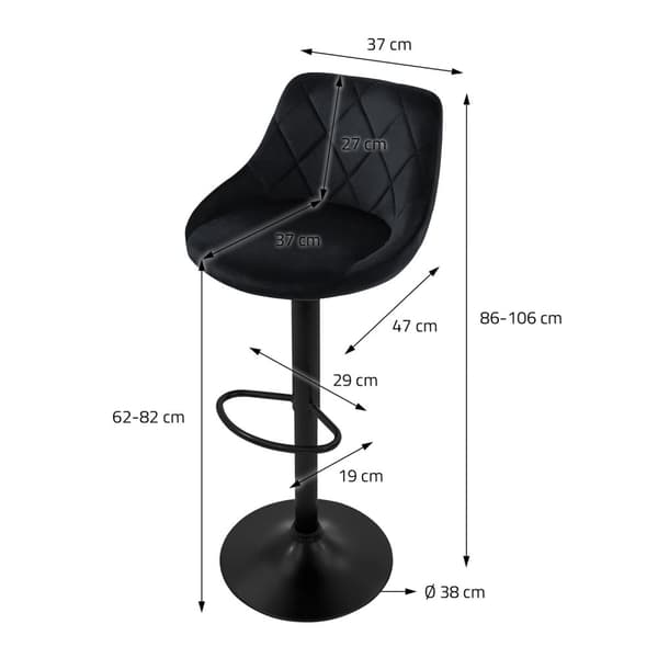 Barstol set om 2 svart sammetsöverdrag med ryggstöd och fotstöd höjdjusterbar 62-82cm ML-Design