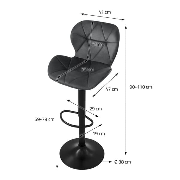 Baarijakkara 2 kpl harmaa samettipäällysteinen, selkänoja ja jalkatuki säädettävissä 59-79cm ML-Design
