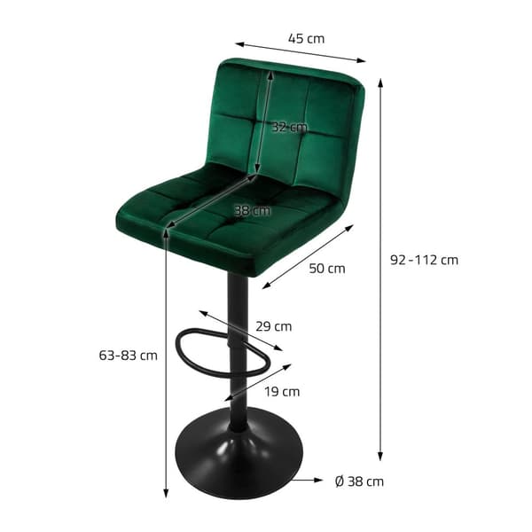 Baarijakkara 2 kpl vihreä samettipäällysteinen, selkänoja ja jalkatuki korkeussäädettävä 63-83cm ML-Design
