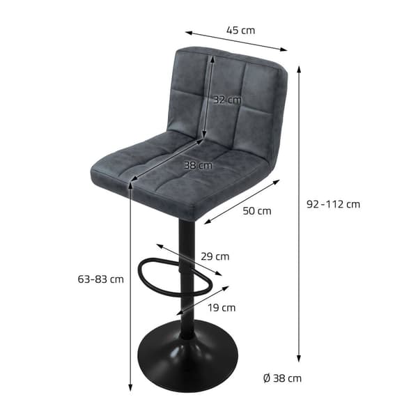 Barstol uppsättning av 2 antracit konstläderöverdrag med ryggstöd och fotstöd justerbar höjd 63-83cm ML-Design