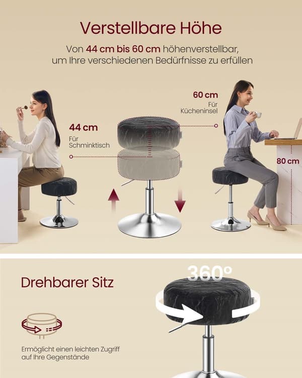 Makeup Skammel, VASAGLE LJB120B01, 38x44-60 cm, Sort