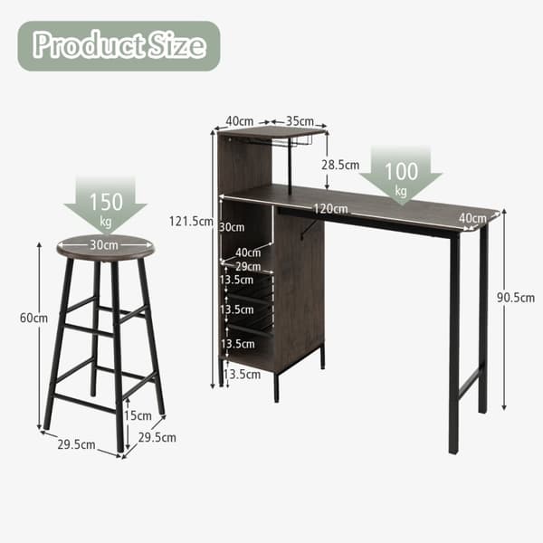 Bartbord & Stol Set, 120x40x35 cm, 30x30x60 cm, Brun