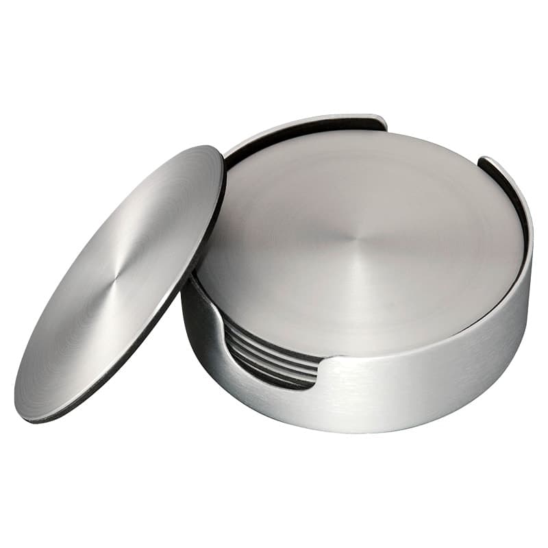 Glasunderlag, seks stk. i børstet aluminium, diameter 9,2 cm.