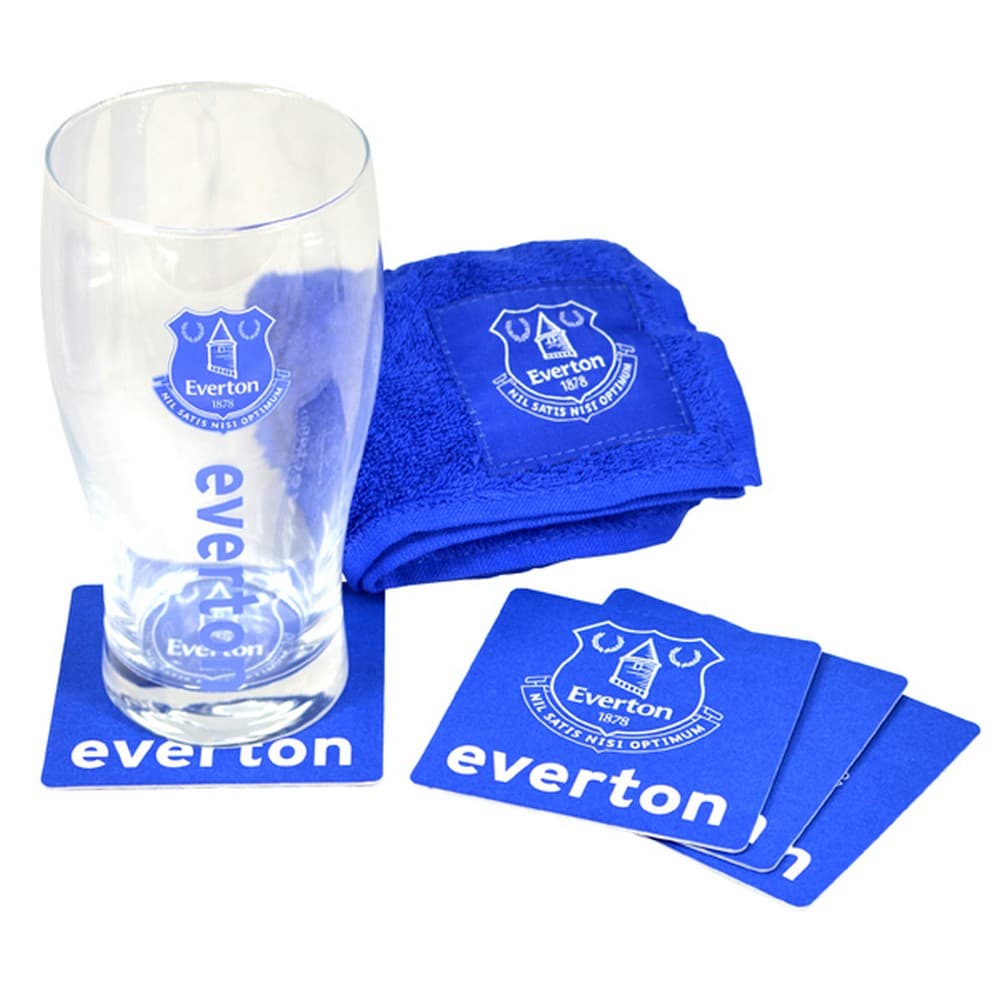Everton FC Officiell Wordmark Mini Football Bar Set (pintglas, handduk och ölmattor)