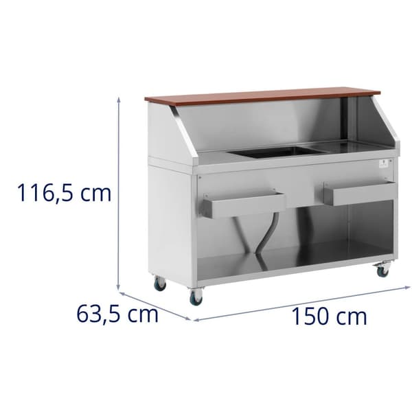 Royal Catering - Mobil cocktail-station - Med isbehållare och flaskhållare - 150 cm lång disk i träoptik