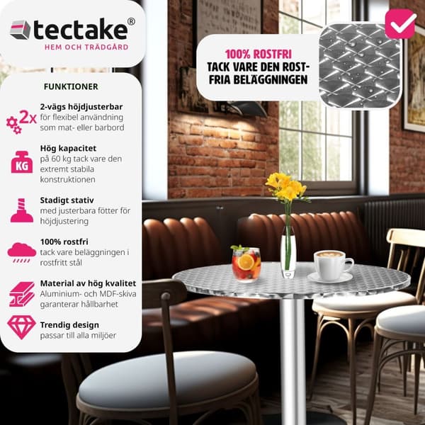 Cafébord i aluminium Ø60cm justerbart i höjdled - 5,8 cm