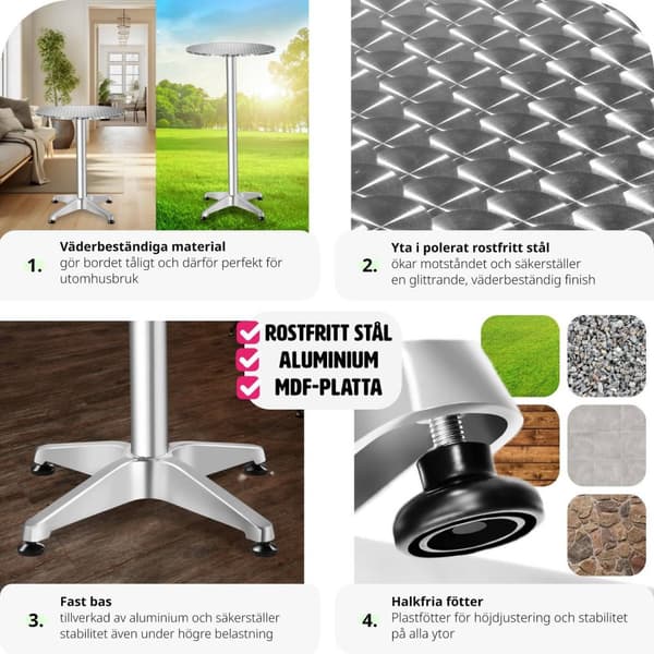 Cafébord i aluminium Ø60cm justerbart i höjdled - 5,8 cm