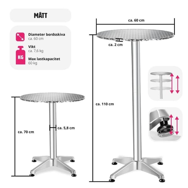 Cafébord i aluminium Ø60cm justerbart i höjdled - 5,8 cm