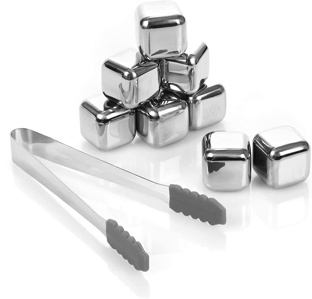 Whiskey Stones 8 PCS, Homiu Stainless Steel Metal Ice Cubes, Reusable Whiskey Rocks Beverage Chilling Stones for Scotch and Gin, Drinking Gifts Sets B