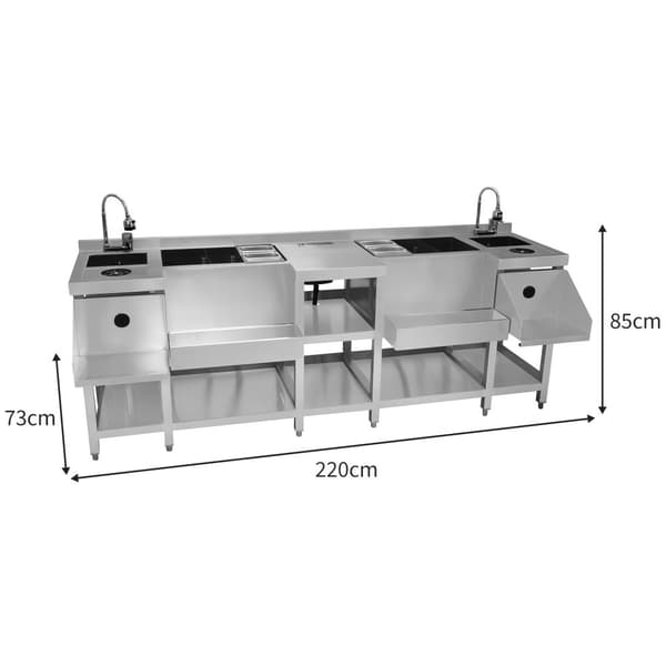 Cocktailbarstation Rustfrit Stål Isoleret Ismagasin Fritstående Arbejdsstation Flaskeholder Opvaskvask med Blander Glasvask Blenderhylde Boston Shaker