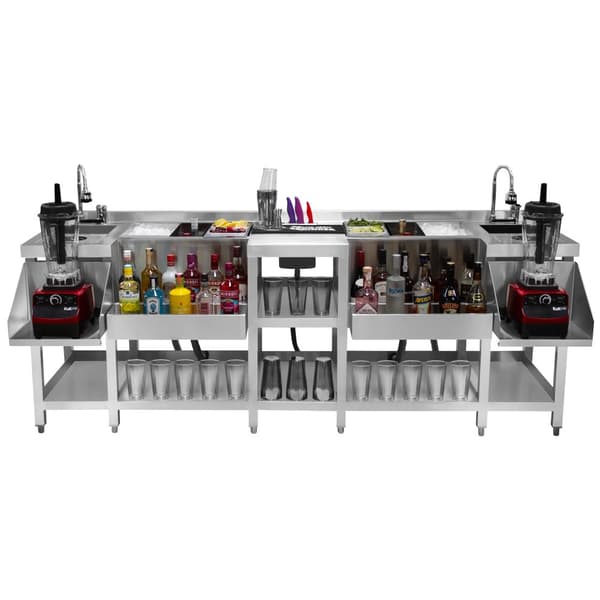 Cocktailbarstation Rustfrit Stål Isoleret Ismagasin Fritstående Arbejdsstation Flaskeholder Opvaskvask med Blander Glasvask Blenderhylde Boston Shaker
