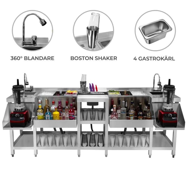 Cocktailbarstation Rustfrit Stål Isoleret Ismagasin Fritstående Arbejdsstation Flaskeholder Opvaskvask med Blander Glasvask Blenderhylde Boston Shaker Compact Twin Cocktail Bar Station