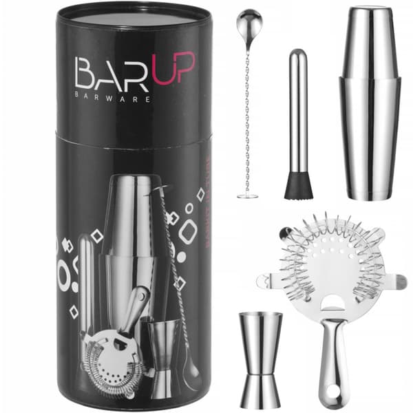 Bartenderset i en tub, shaker, jigger, sil, muddler, sked - silver