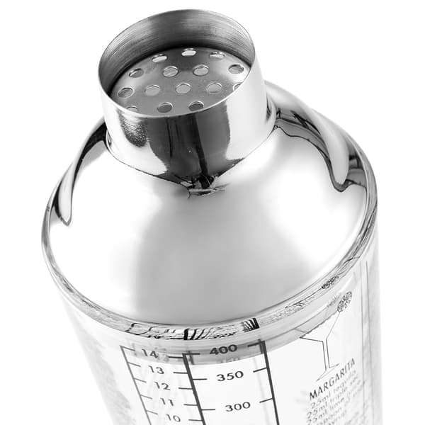 Lasinen cocktail-ravistelija 400 ml, jossa on resepti ja mittaukset