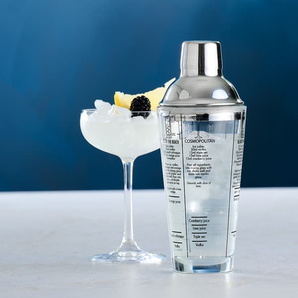 Lasinen cocktail-ravistelija 400 ml, jossa on resepti ja mittaukset