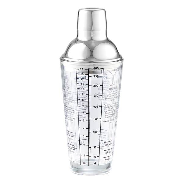Lasinen cocktail-ravistelija 400 ml, jossa on resepti ja mittaukset