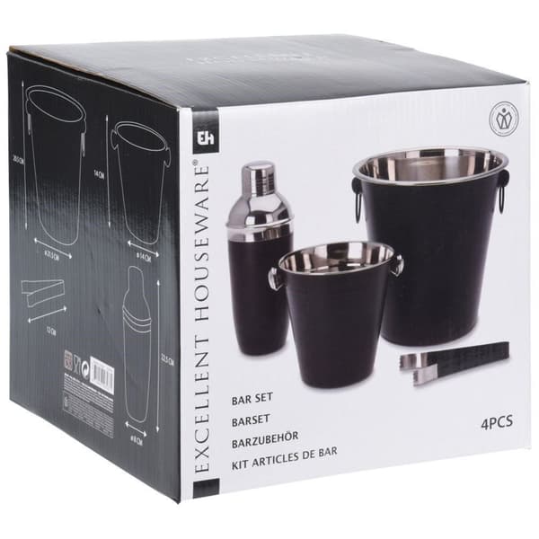Bartending bar sæt, stål, sort, 2x isspand, shaker og tang