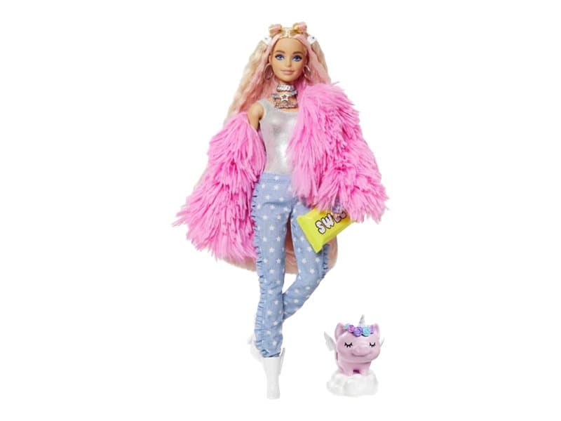 Barbie Extra Doll 3 in Pink Coat with Pet UnicornPig CDON
