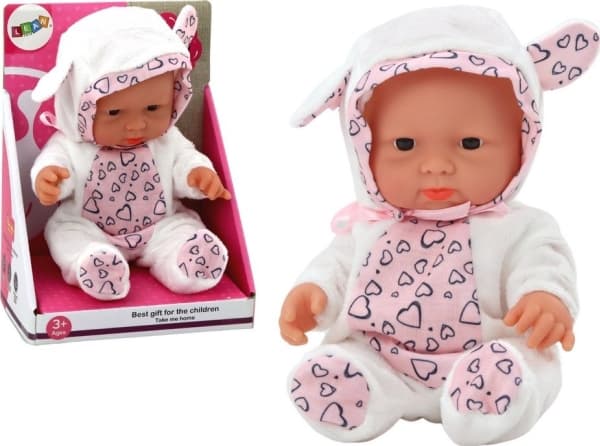 LeanToys liten babydukke, hvite klær, lue, sløyfe, ører