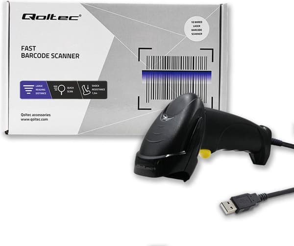 Qoltec 50876 Laserskanneri 1D | USB | Musta