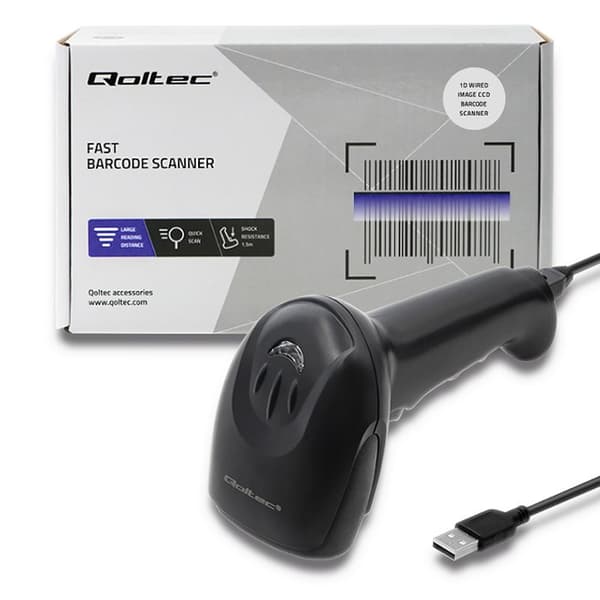 Qoltec 50866 Laserviivakoodinlukija 1D | CCD | USB | Musta