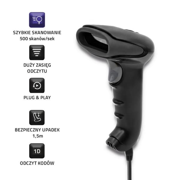 Qoltec 50866 Laserviivakoodinlukija 1D | CCD | USB | Musta