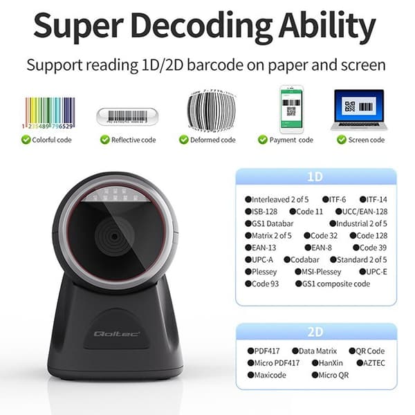 Qoltec Desktop Præcisionslæser 1D Stregkode- og QR-scanner | 2D