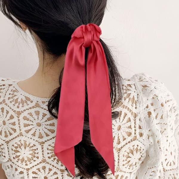 Chouchou Foulard Lång för Hår i Satin med Dubbel Rosett, Korallrosa