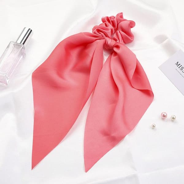 Chouchou Foulard Lång för Hår i Satin med Dubbel Rosett, Korallrosa