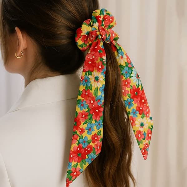 Chouchou Foulard Lång för Hår i Tjock Blommig Liberty Casual Gul Gul