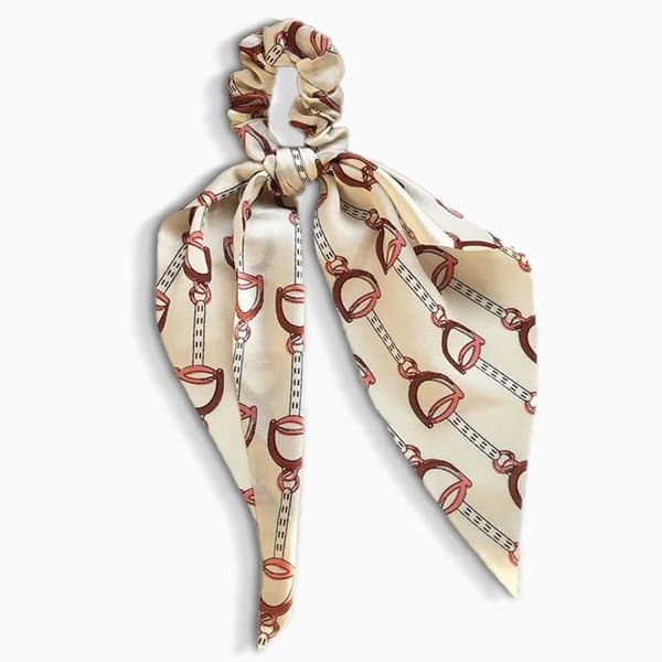 Chouchou Foulard Lång för Hår i Satin med Snobbigt Barocktryck Vitt Vitt