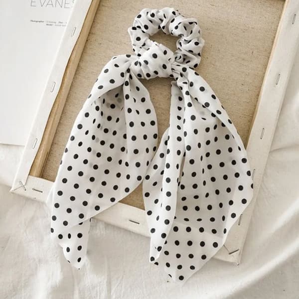 Chouchou Foulard Lång för Hår i Satin med Prickar Avslappnad Vit Vit / Svart