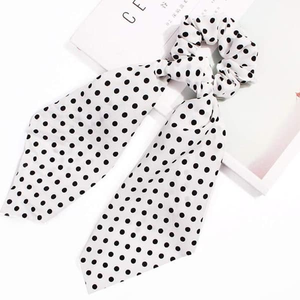 Chouchou Foulard Lång för Hår i Satin med Prickar Avslappnad Vit Vit / Svart