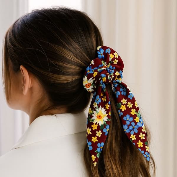Chouchou Foulard Lång för Hår i Tjock Blommig Liberty Casual Bordeaux