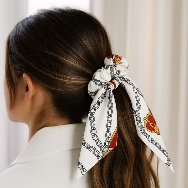 Chouchou Foulard Lång för Hår i Siden Tryckt Hästmotiv Chic Vit Vit