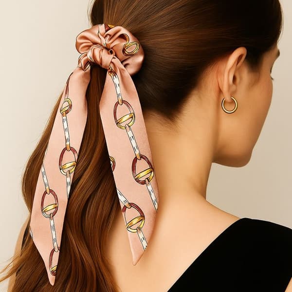 Chouchou Foulard Lång för Hår i Tryckt Barock Satin Sublim Rosa Rosé