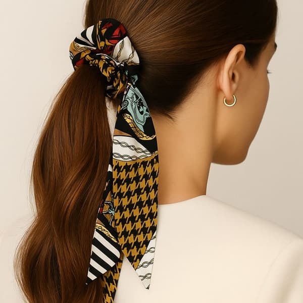 Chouchou Foulard Lång för Hår i Tryckt Satin Mix and Match Svart Multicolor