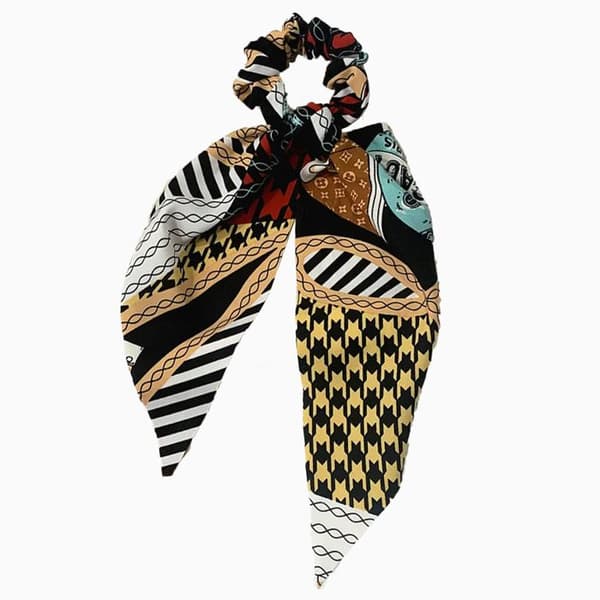 Chouchou Foulard Lång för Hår i Tryckt Satin Mix and Match Svart Multicolor