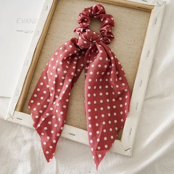 Chouchou Foulard Lång för Hår i Satin med Prickar Avslappnad Rosa Rosa