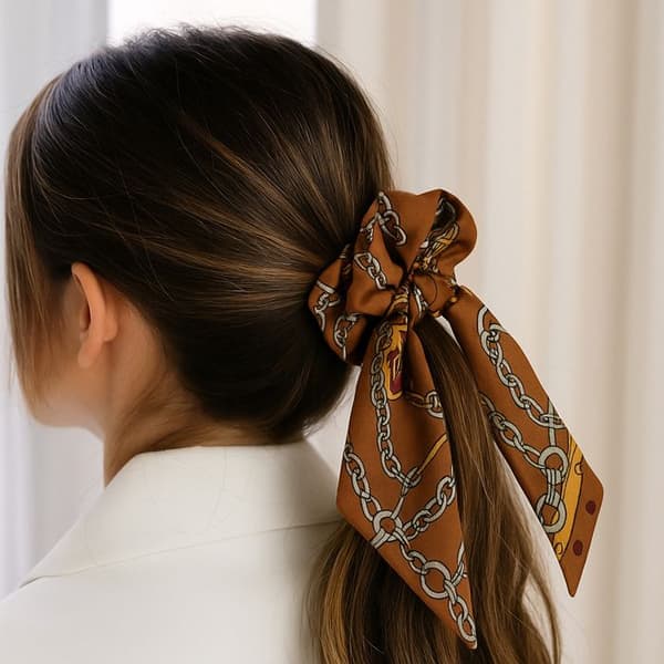 Chouchou Foulard Lång för Hår i Satin Tryckt Equestrian Chic Brun Brun