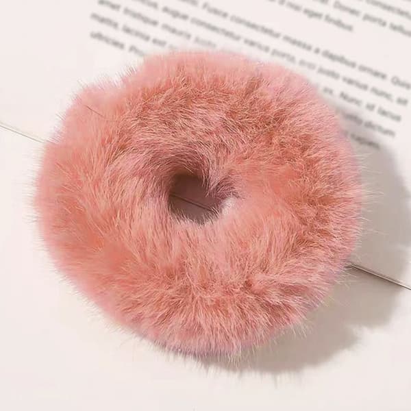 Chouchou Klassisk för Hår i Falsk Päls Fluffy Mjuk Persika Rosa