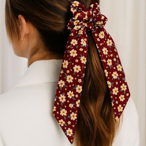 Chouchou Foulard Lång för Hår i Tjock Blommig Boho Bordeaux Röd