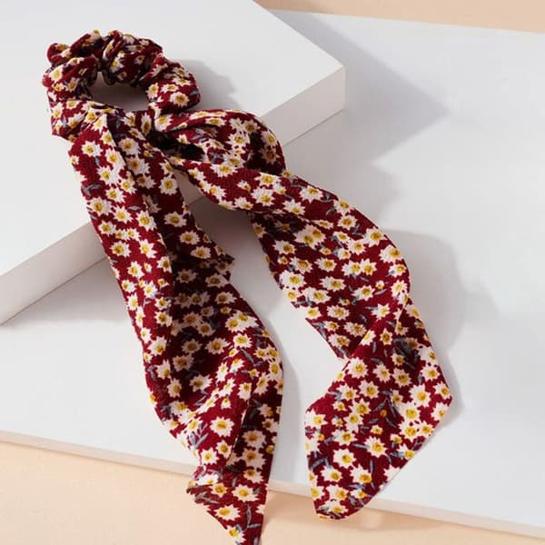 Chouchou Foulard Lång för Hår i Tjock Blommig Boho Bordeaux Röd