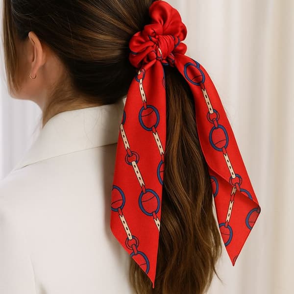 Chouchou Foulard Lång för Hår i Sublim Röd Barocktryckt Satin