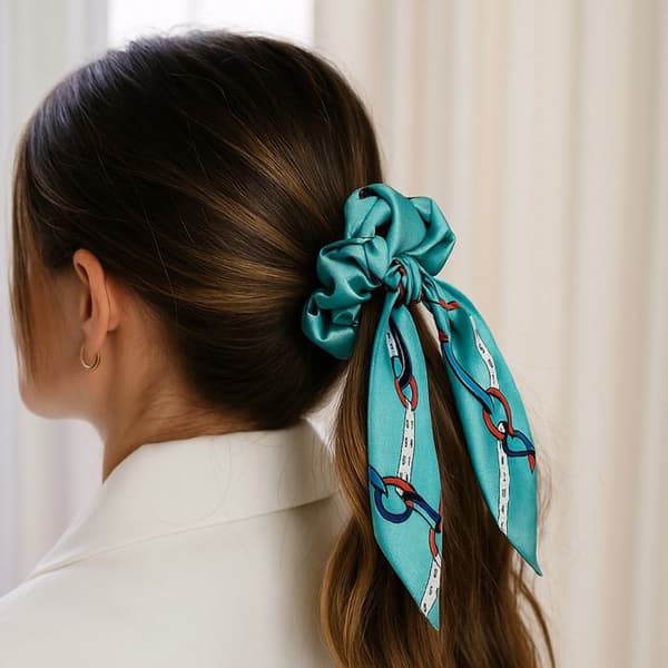 Chouchou Foulard Lång för Hår i Utsökt Blå Barock Satin
