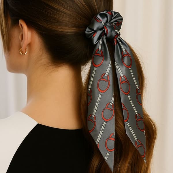 Chouchou Foulard Lång för Hår i Barocktryckt Satin Sublimt Grå Grå
