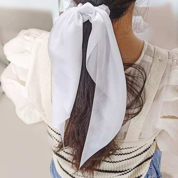 Chouchou Foulard Lång för Hår i Satin med Dubbel Flygande Röd Vit